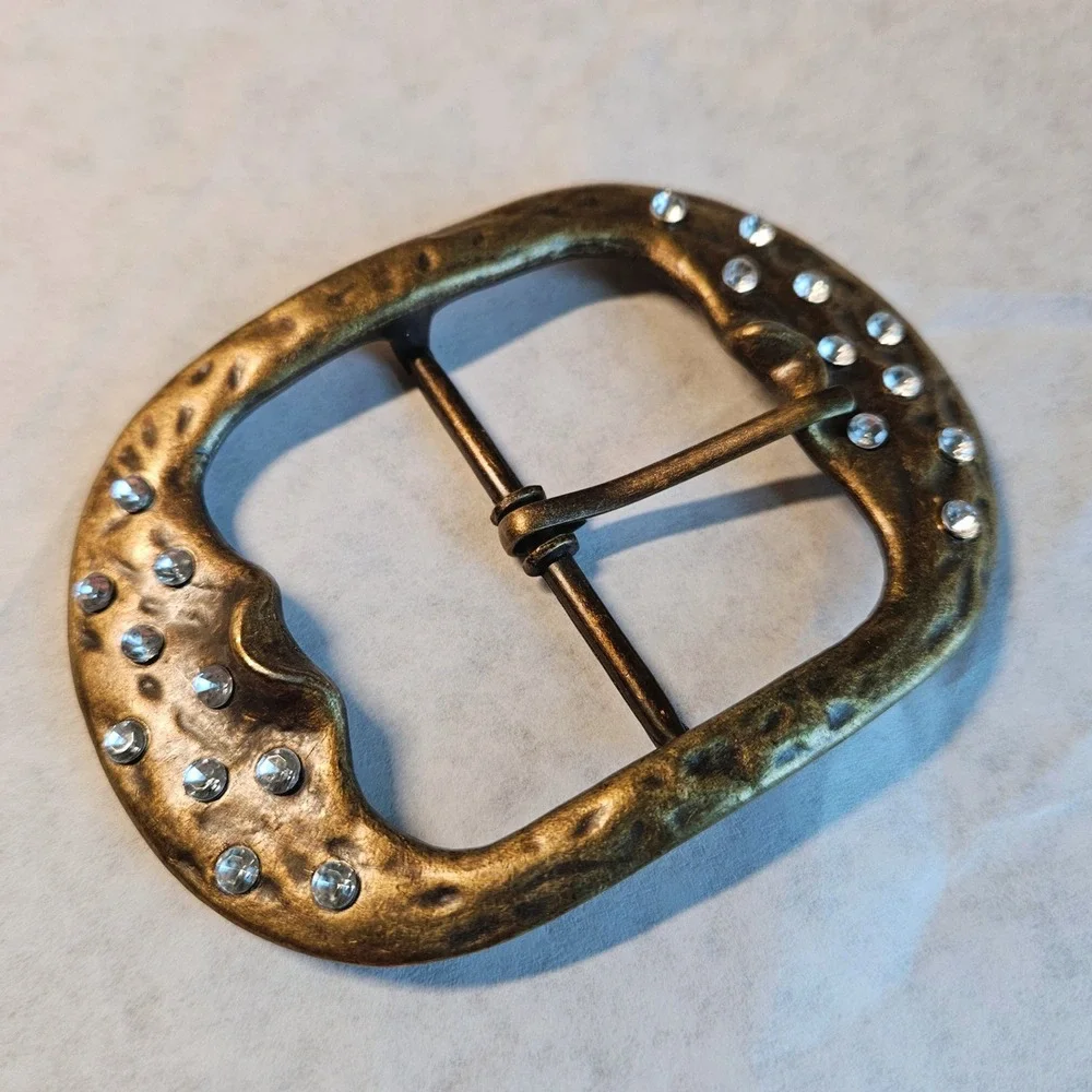Vintage Handmade Hammered Solid Brass Rhinestone Belt Buckle Western Boho